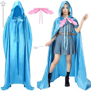 Ramede 3 Pcs Halloween Light Blue Hooded Cape Cloak Costume with Pink Bow Tie and Star Wand Sticks for Girl Women Princess Cosplay Fairy Party in Saudi Arabia