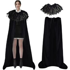 YoleShy للجنسين أسود مخملي الرأس الكبار الساحرة عباءة مع ريشة سوداء كيب شال ريشة شال ريشة تتغاضى المخملية عباءة ساحرة الرأس Maleficent Cape Maleficent زي الشر الملكة الساحرة زي in Kuwait
