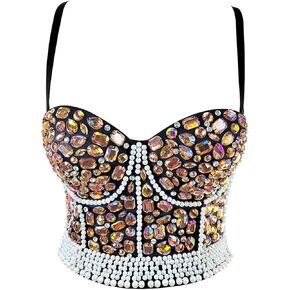 VEENDEO Women's Rhinestone Diamond Bead Bustier Crop Top Club Party Glitter Corset Top Bra Vest