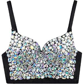 atokiss Women's Sexy Rhinestone Glitter Gemstone Push up Bustier Crop Top Club Party Corset Top Bra