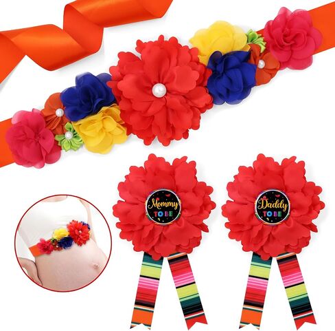 وشاح الحمل المكسيكي Vansolinne Fiesta - وشاح Mommy to Be للطفل - Daddy to Be Corsage - موضوع UNO المكسيكي - حزام البطن على شكل زهرة - كورسيج استحمام الطفل - تذكار التصوير الفوتوغرافي - وشاح قوس قزح in Saudi Arabia