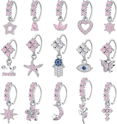 Bonuci 15 Pcs Dangle Nose Rings Hoops Heart Flower Moon Dangle Nose Rings Cartilage Earring Dangling Nose Piercing Jewelry for Women and Girls in Kuwait