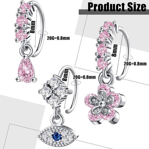 Bonuci 15 Pcs Dangle Nose Rings Hoops Heart Flower Moon Dangle Nose Rings Cartilage Earring Dangling Nose Piercing Jewelry for Women and Girls in Kuwait