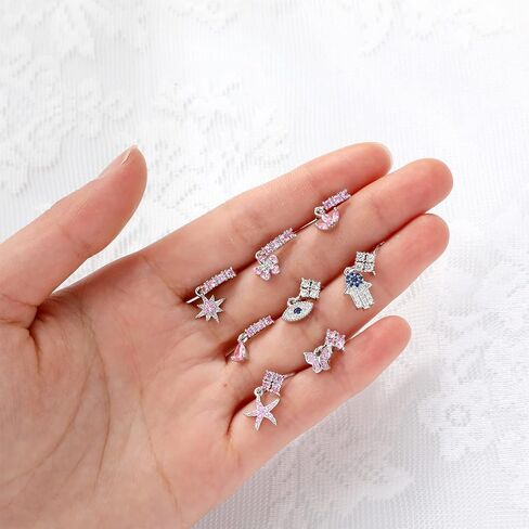 Bonuci 15 Pcs Dangle Nose Rings Hoops Heart Flower Moon Dangle Nose Rings Cartilage Earring Dangling Nose Piercing Jewelry for Women and Girls in Kuwait