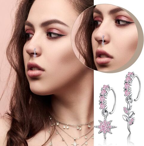 Bonuci 15 Pcs Dangle Nose Rings Hoops Heart Flower Moon Dangle Nose Rings Cartilage Earring Dangling Nose Piercing Jewelry for Women and Girls in Kuwait