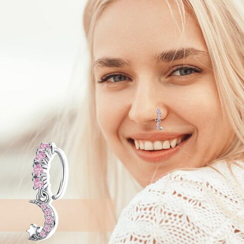 Bonuci 15 Pcs Dangle Nose Rings Hoops Heart Flower Moon Dangle Nose Rings Cartilage Earring Dangling Nose Piercing Jewelry for Women and Girls in Kuwait