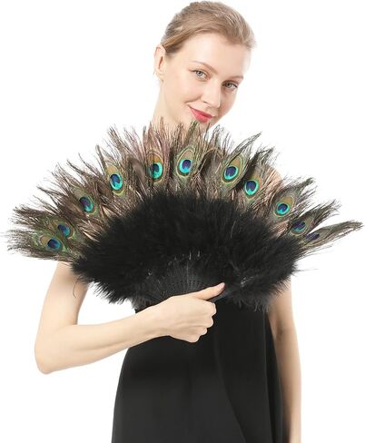 إكسسوارات ريش مروحة قابلة للطي باليد من Marabou لتزيين حفلات الهالوين - أسود وطاووس جانبي in Kuwait