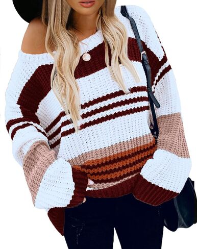 KIRUNDO 2023 Fall Winter Women's Striped Color Block Short Sweater Long Sleeve Crew Neck Casual Loose Knit Pullover Tops in Kuwait