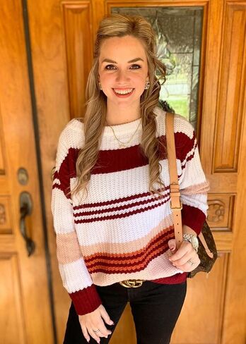 KIRUNDO 2023 Fall Winter Women's Striped Color Block Short Sweater Long Sleeve Crew Neck Casual Loose Knit Pullover Tops in Kuwait