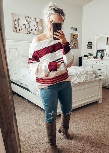 KIRUNDO 2023 Fall Winter Women's Striped Color Block Short Sweater Long Sleeve Crew Neck Casual Loose Knit Pullover Tops in Kuwait