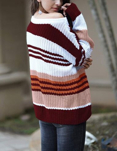 KIRUNDO 2023 Fall Winter Women's Striped Color Block Short Sweater Long Sleeve Crew Neck Casual Loose Knit Pullover Tops in Kuwait