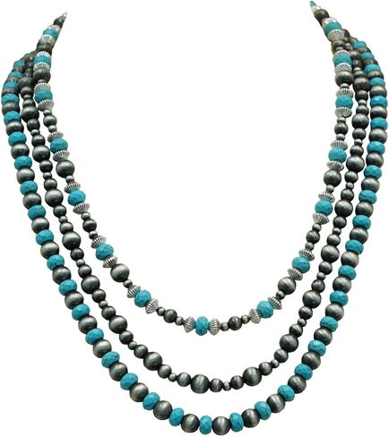 عقد متعدد الخيوط من اللؤلؤ الفيروز والنافاجو (18 انش 20 انش 22 انش مع وصلة 2 انش) - مجوهرات راعية البقر الغربية، خرز عتيق، هدايا للنساء (زوجة، ام،صديقة) في اي مناسبة، S, الزنك, فيروزي، لؤلؤ صناعي in Kuwait