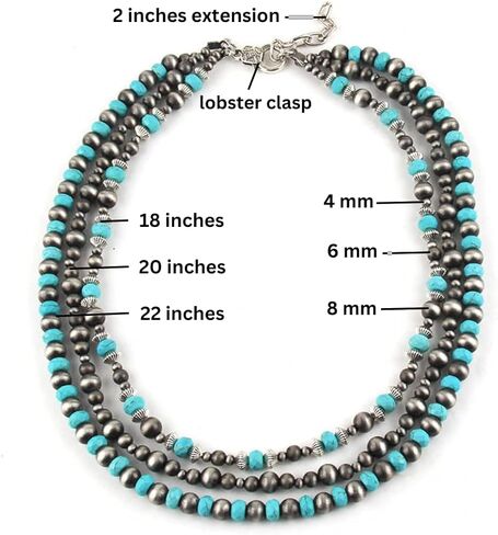 عقد متعدد الخيوط من اللؤلؤ الفيروز والنافاجو (18 انش 20 انش 22 انش مع وصلة 2 انش) - مجوهرات راعية البقر الغربية، خرز عتيق، هدايا للنساء (زوجة، ام،صديقة) في اي مناسبة، S, الزنك, فيروزي، لؤلؤ صناعي in Kuwait