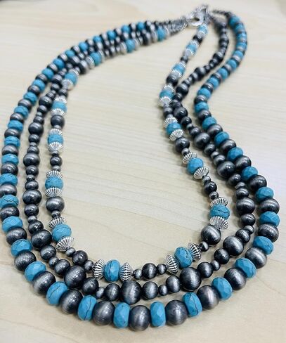 عقد متعدد الخيوط من اللؤلؤ الفيروز والنافاجو (18 انش 20 انش 22 انش مع وصلة 2 انش) - مجوهرات راعية البقر الغربية، خرز عتيق، هدايا للنساء (زوجة، ام،صديقة) في اي مناسبة، S, الزنك, فيروزي، لؤلؤ صناعي in Kuwait