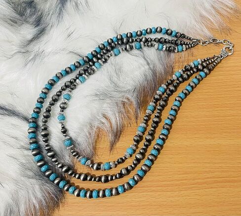 عقد متعدد الخيوط من اللؤلؤ الفيروز والنافاجو (18 انش 20 انش 22 انش مع وصلة 2 انش) - مجوهرات راعية البقر الغربية، خرز عتيق، هدايا للنساء (زوجة، ام،صديقة) في اي مناسبة، S, الزنك, فيروزي، لؤلؤ صناعي in Kuwait