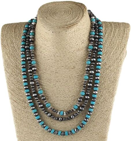 عقد متعدد الخيوط من اللؤلؤ الفيروز والنافاجو (18 انش 20 انش 22 انش مع وصلة 2 انش) - مجوهرات راعية البقر الغربية، خرز عتيق، هدايا للنساء (زوجة، ام،صديقة) في اي مناسبة، S, الزنك, فيروزي، لؤلؤ صناعي in Kuwait