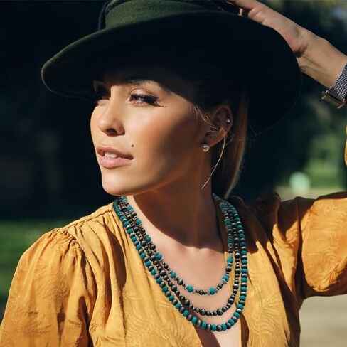 عقد متعدد الخيوط من اللؤلؤ الفيروز والنافاجو (18 انش 20 انش 22 انش مع وصلة 2 انش) - مجوهرات راعية البقر الغربية، خرز عتيق، هدايا للنساء (زوجة، ام،صديقة) في اي مناسبة، S, الزنك, فيروزي، لؤلؤ صناعي in Kuwait