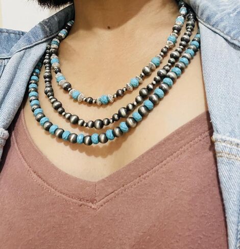 عقد متعدد الخيوط من اللؤلؤ الفيروز والنافاجو (18 انش 20 انش 22 انش مع وصلة 2 انش) - مجوهرات راعية البقر الغربية، خرز عتيق، هدايا للنساء (زوجة، ام،صديقة) في اي مناسبة، S, الزنك, فيروزي، لؤلؤ صناعي in Kuwait