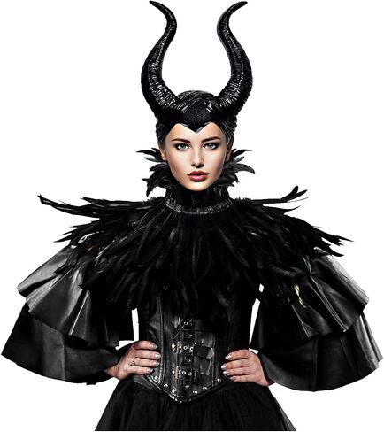 L'VOW Gothic Black Feather Cape Shawl with Maleficent Horns for Halloween Crow Costume in Kuwait