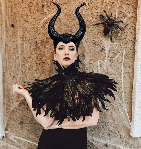 L'VOW Gothic Black Feather Cape Shawl with Maleficent Horns for Halloween Crow Costume in Kuwait