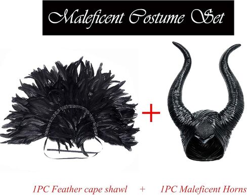 L'VOW Gothic Black Feather Cape Shawl with Maleficent Horns for Halloween Crow Costume in Kuwait