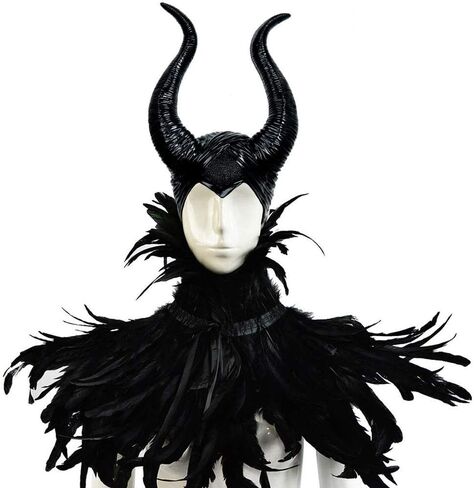 L'VOW Gothic Black Feather Cape Shawl with Maleficent Horns for Halloween Crow Costume in Kuwait