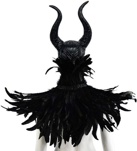 L'VOW Gothic Black Feather Cape Shawl with Maleficent Horns for Halloween Crow Costume in Kuwait
