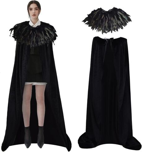 YoleShy للجنسين أسود مخملي الرأس الكبار الساحرة عباءة مع ريشة سوداء كيب شال ريشة شال ريشة تتغاضى المخملية عباءة ساحرة الرأس Maleficent Cape Maleficent زي الشر الملكة الساحرة زي in Kuwait