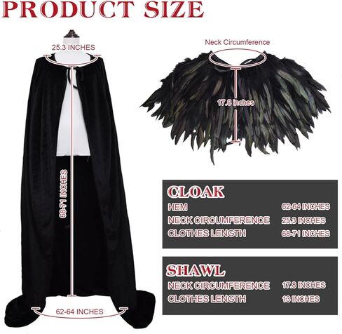 YoleShy للجنسين أسود مخملي الرأس الكبار الساحرة عباءة مع ريشة سوداء كيب شال ريشة شال ريشة تتغاضى المخملية عباءة ساحرة الرأس Maleficent Cape Maleficent زي الشر الملكة الساحرة زي in Kuwait