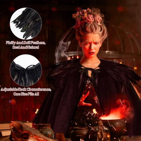 YoleShy للجنسين أسود مخملي الرأس الكبار الساحرة عباءة مع ريشة سوداء كيب شال ريشة شال ريشة تتغاضى المخملية عباءة ساحرة الرأس Maleficent Cape Maleficent زي الشر الملكة الساحرة زي in Kuwait