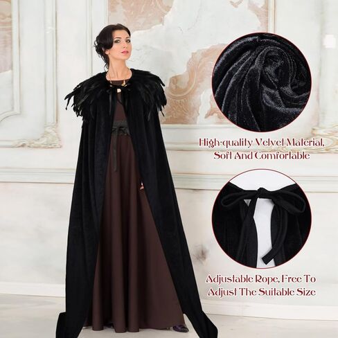 YoleShy للجنسين أسود مخملي الرأس الكبار الساحرة عباءة مع ريشة سوداء كيب شال ريشة شال ريشة تتغاضى المخملية عباءة ساحرة الرأس Maleficent Cape Maleficent زي الشر الملكة الساحرة زي in Kuwait