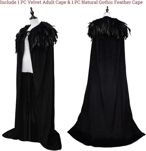 YoleShy للجنسين أسود مخملي الرأس الكبار الساحرة عباءة مع ريشة سوداء كيب شال ريشة شال ريشة تتغاضى المخملية عباءة ساحرة الرأس Maleficent Cape Maleficent زي الشر الملكة الساحرة زي in Kuwait