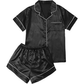 Verdusa Women's 2pc Satin Nightwear Button Front Sleepwear Short Sleeve Pajamas Set