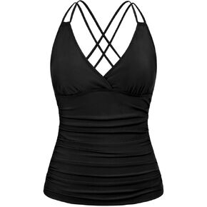 Hilor Women's Underwire Tankini Top Only Ruched Tummy Control Bathing Suits V Neck Crossback Swim Tops