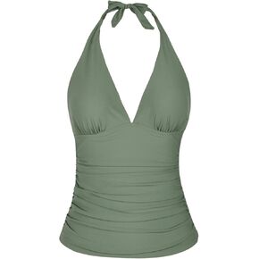 Hilor Women's Plunging V Neck Halter Swim Tops Shirred Tankini Top Retro Swimsuit Tops