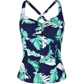 Hilor Women's Tankini Tops Shirred Tummy Control Swimsuits Cross Back Tankini Swimwear Tops
