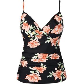 Hilor Women's Tankini Tops Shirred Ruffled Swimsuits V Neck Swimwear Top