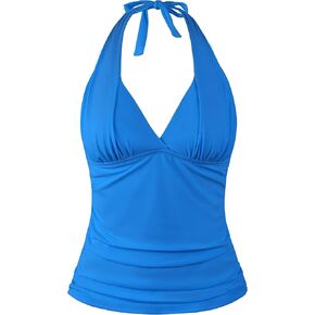 Hilor Women's Tankini Bathing Suit Plunging V Neck Halter Swim Tops Shirred Tummy Control Tankini Top