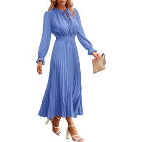 PRETTYGARDEN Women's 2024 Fall Midi Dress Casual Long Sleeve V Neck Swiss Dot Pleated A Line Flowy Dresses in Kuwait