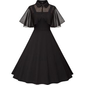 Milreason 1950s Dresses for Women Vintage Goth Swing Cocktail Dress with Pockets and Chiffon Shawl