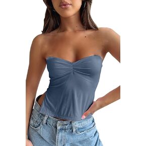 BAIGRAM Women’s Strapless Sweetheart Neck Slit Side Crop Bandeau Top Open Front Backless Slim Fit Going Out Tube Top