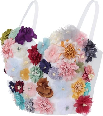 Woeoe Flower Corset Bustier Crop Top White Diamond Bra Nightclub Rave Rhinestone Tops Jewelry for Women in Kuwait