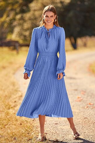 PRETTYGARDEN Women's 2024 Fall Midi Dress Casual Long Sleeve V Neck Swiss Dot Pleated A Line Flowy Dresses in Kuwait