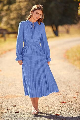 PRETTYGARDEN Women's 2024 Fall Midi Dress Casual Long Sleeve V Neck Swiss Dot Pleated A Line Flowy Dresses in Kuwait