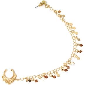 Honbay Body Jewelry Fake Septum Ring Non Piercing Nose Rings with Chain Nose to Ear Chain with Tassel (Gold)