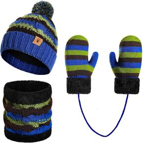 Kids Winter Pompom Beanie Hat Scarf Gloves Set for Boys&Girls Age 3-8, Fleece Lined Skull Cap Neck Warmer Mitten Set in Kuwait