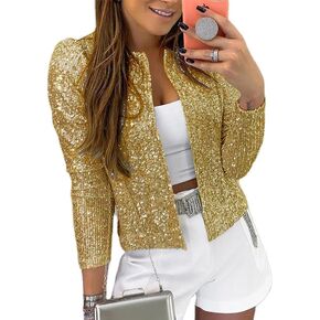 Womens Sparkly Sequin Open Front Blazer Coat Puff Long Sleeve Crop Jacket