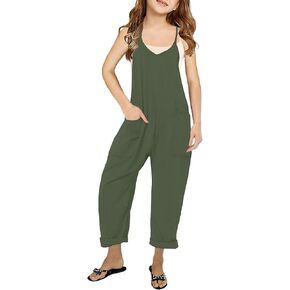 Bnycuml Girl's V Neck Sleeveless Jumpsuits Spaghetti Straps Harem Long Pants Overalls With Pockets