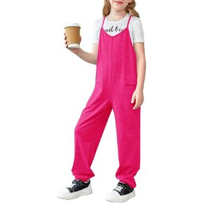 rrhss Girls Jumpsuit Romper Sleeveless Cute Long Pants Casual Plain Color Overalls with Side Pockets