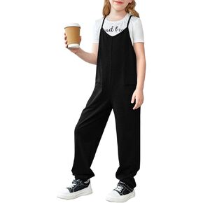 rrhss Girls Jumpsuit Romper Sleeveless Cute Long Pants Casual Plain Color Overalls with Side Pockets